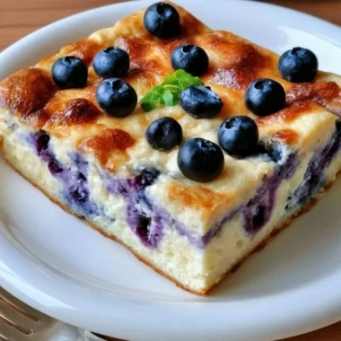 Delicious Blueberry Cottage Cheese Breakfast Bake topped with fresh blueberries
