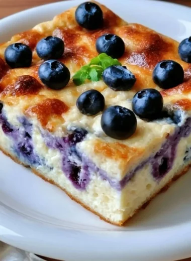 Delicious Blueberry Cottage Cheese Breakfast Bake topped with fresh blueberries