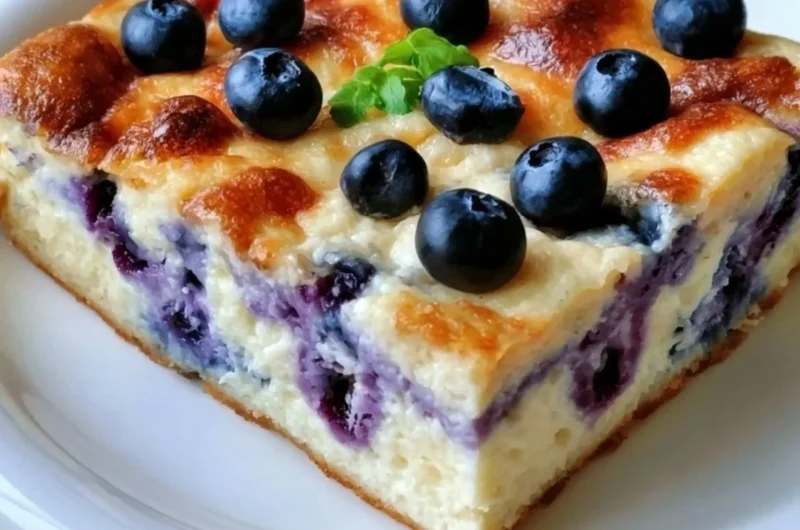 Delicious Blueberry Cottage Cheese Breakfast Bake topped with fresh blueberries