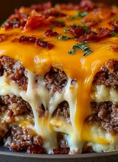 Cheesy Loaded Meatloaf Casserole with cheese and toppings baked to perfection