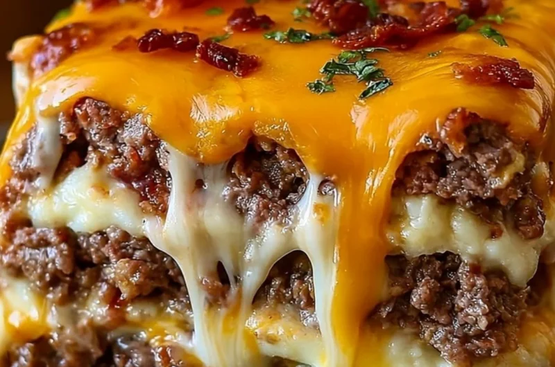 Cheesy Loaded Meatloaf Casserole with cheese and toppings baked to perfection