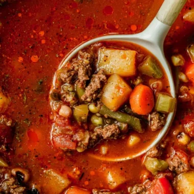 Bowl of Cowboy Soup with beans, beef, and vegetables