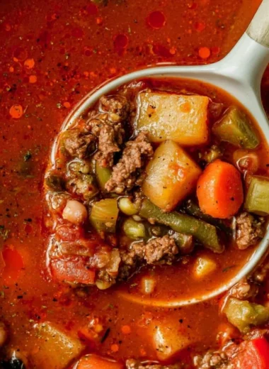 Bowl of Cowboy Soup with beans, beef, and vegetables
