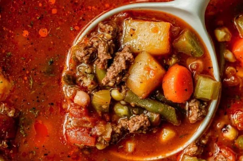 Bowl of Cowboy Soup with beans, beef, and vegetables