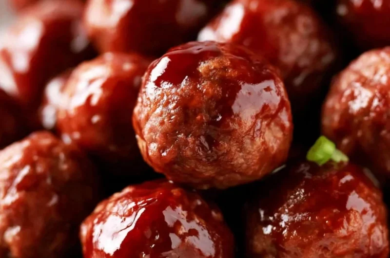 Crockpot BBQ meatballs with three ingredients in a slow cooker