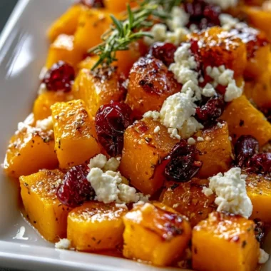 Honey roasted butternut squash with cranberries and feta on a plate