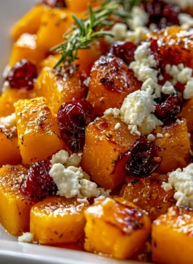 Honey roasted butternut squash with cranberries and feta on a plate