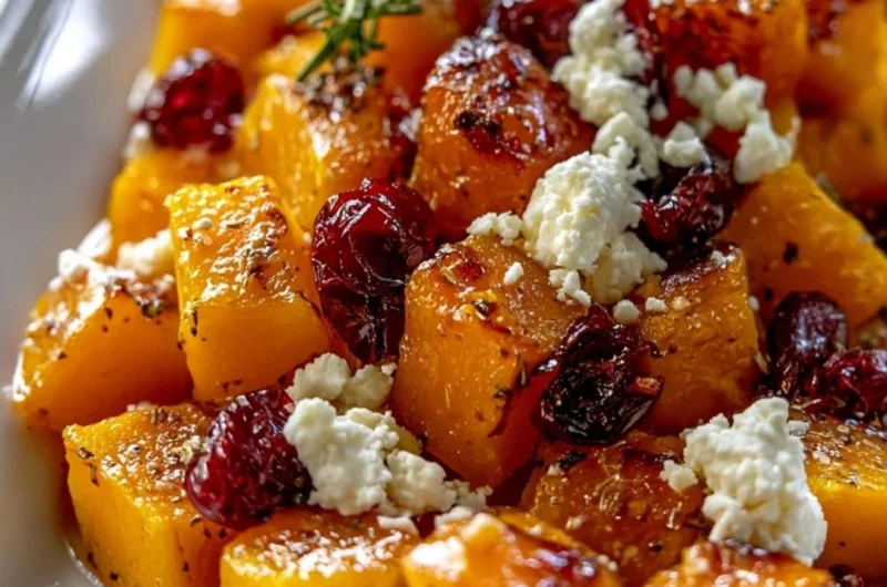 Honey roasted butternut squash with cranberries and feta on a plate