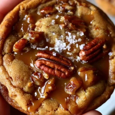 Freshly baked salted caramel pecan cookies on a cooling rack