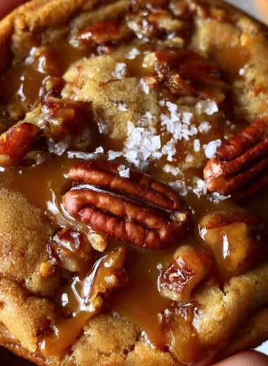 Freshly baked salted caramel pecan cookies on a cooling rack