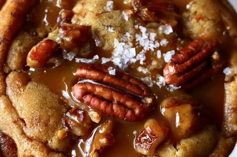 Freshly baked salted caramel pecan cookies on a cooling rack