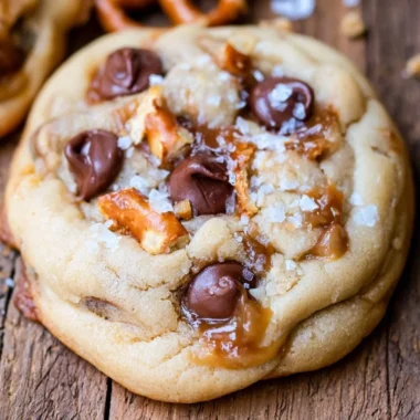 Plate of salted caramel pretzel chocolate chip cookies, drizzled with caramel.