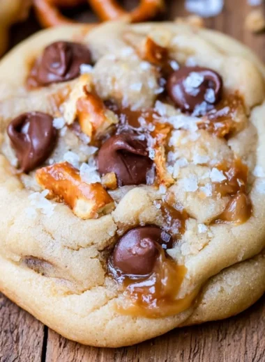 Plate of salted caramel pretzel chocolate chip cookies, drizzled with caramel.