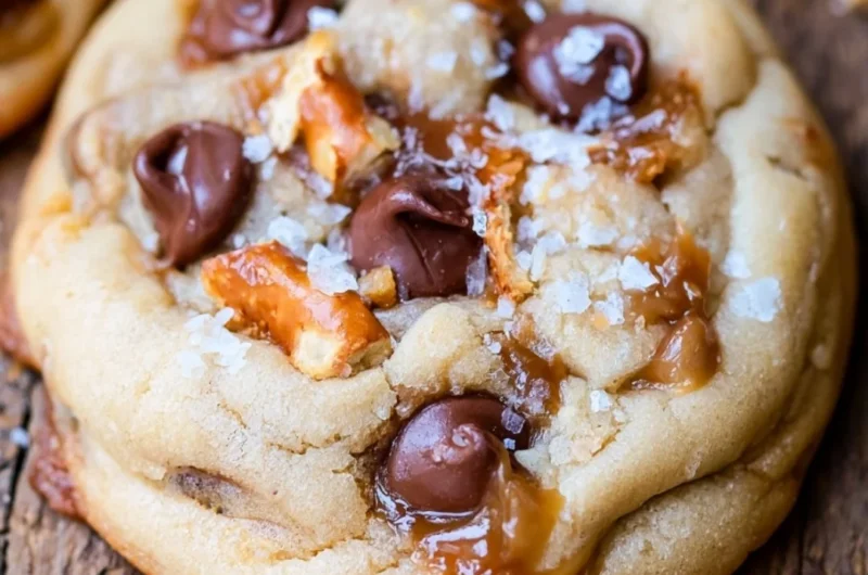 Plate of salted caramel pretzel chocolate chip cookies, drizzled with caramel.